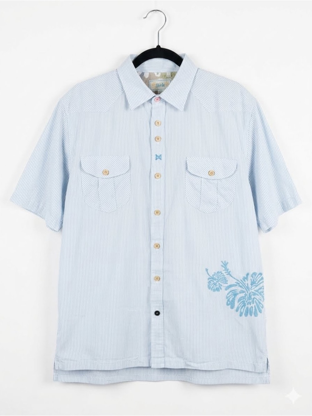 Triko Men's Large Light Blue Seersucker Striped Short Sleeve Shirt Hibiscus